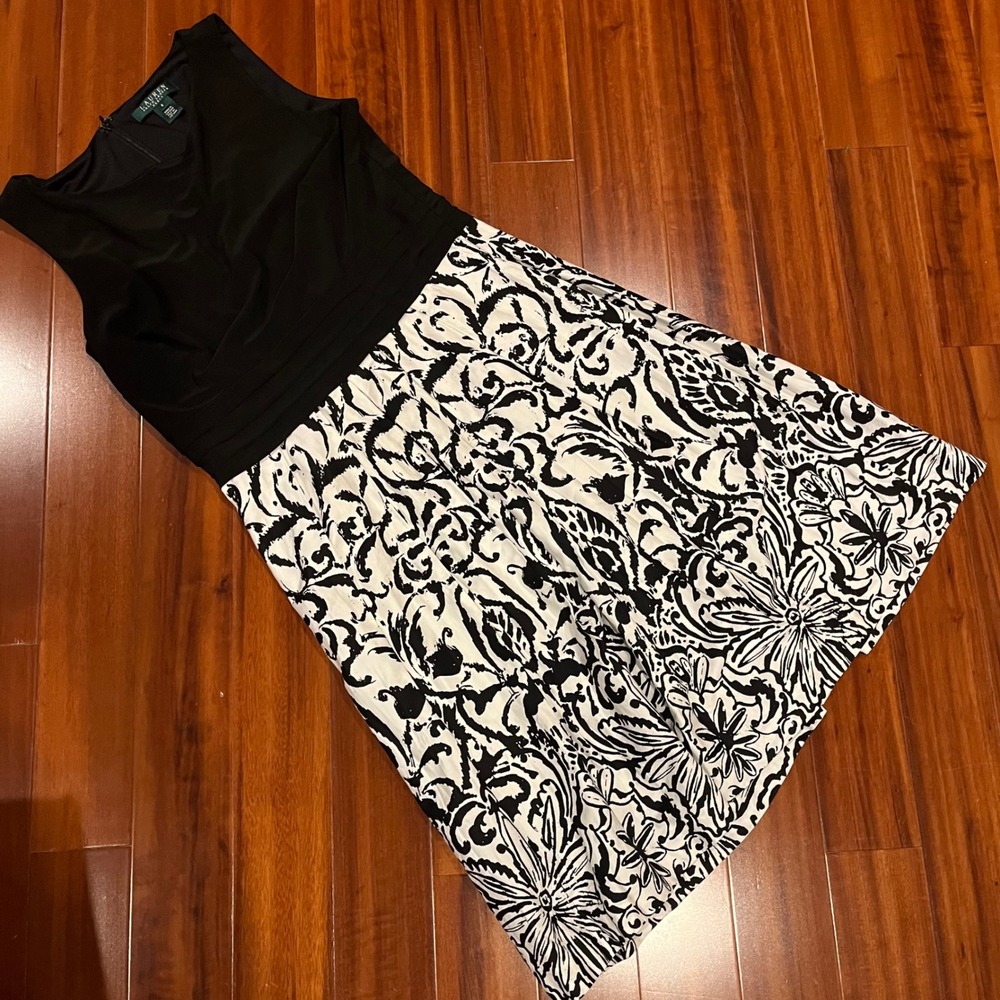 Ralph Lauren Black Dress White Floral Print A-Line Sleeveless Sheath Midi Size 8